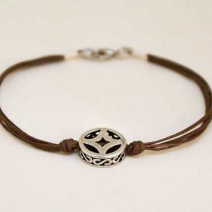 Bracelet For Men, Silver Circle Charm, Brown Cord,..