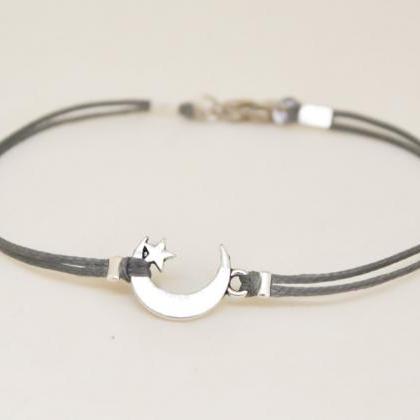 Men's Bracelet, Silver Crescent Moon..