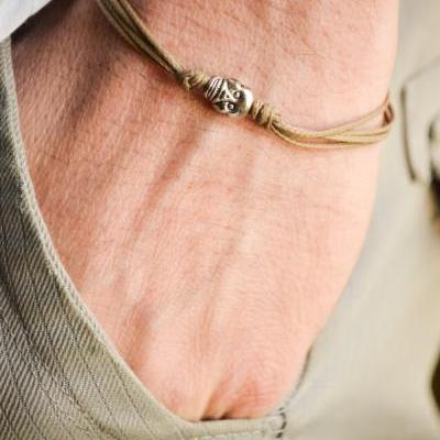 Skull bracelet, men's bracelet with a silver skull charm and a brown cord, bracelet for men, gift for him, skeleton, causal jewelry, beach
