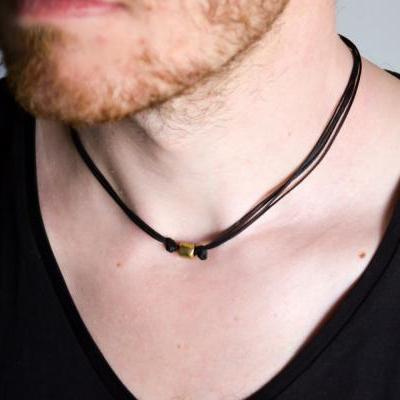 Tube necklace for men, men's necklace with bronze tube bead pendant, black cord, gift for him, surfer beach necklace, men's jewelry, guys