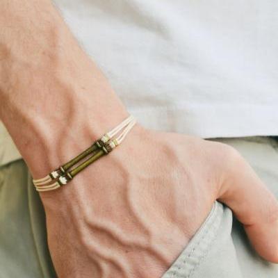 Men's bracelet, beige cord bracelet for men with double bronze bars, off white cord, bracelet for men, gift for him, mens jewelry, bar