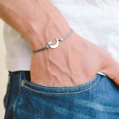 Men's bracelet, silver crescent moon charm, gray cords, bracelet for men, gift for him, moon star bracelet, clasp, mens jewelry