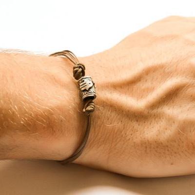 Men's bracelet, groomsmen gift, silver bead charm and a brown cord, Hamsa cord bracelet for men, against the evil eye, bracelet for men