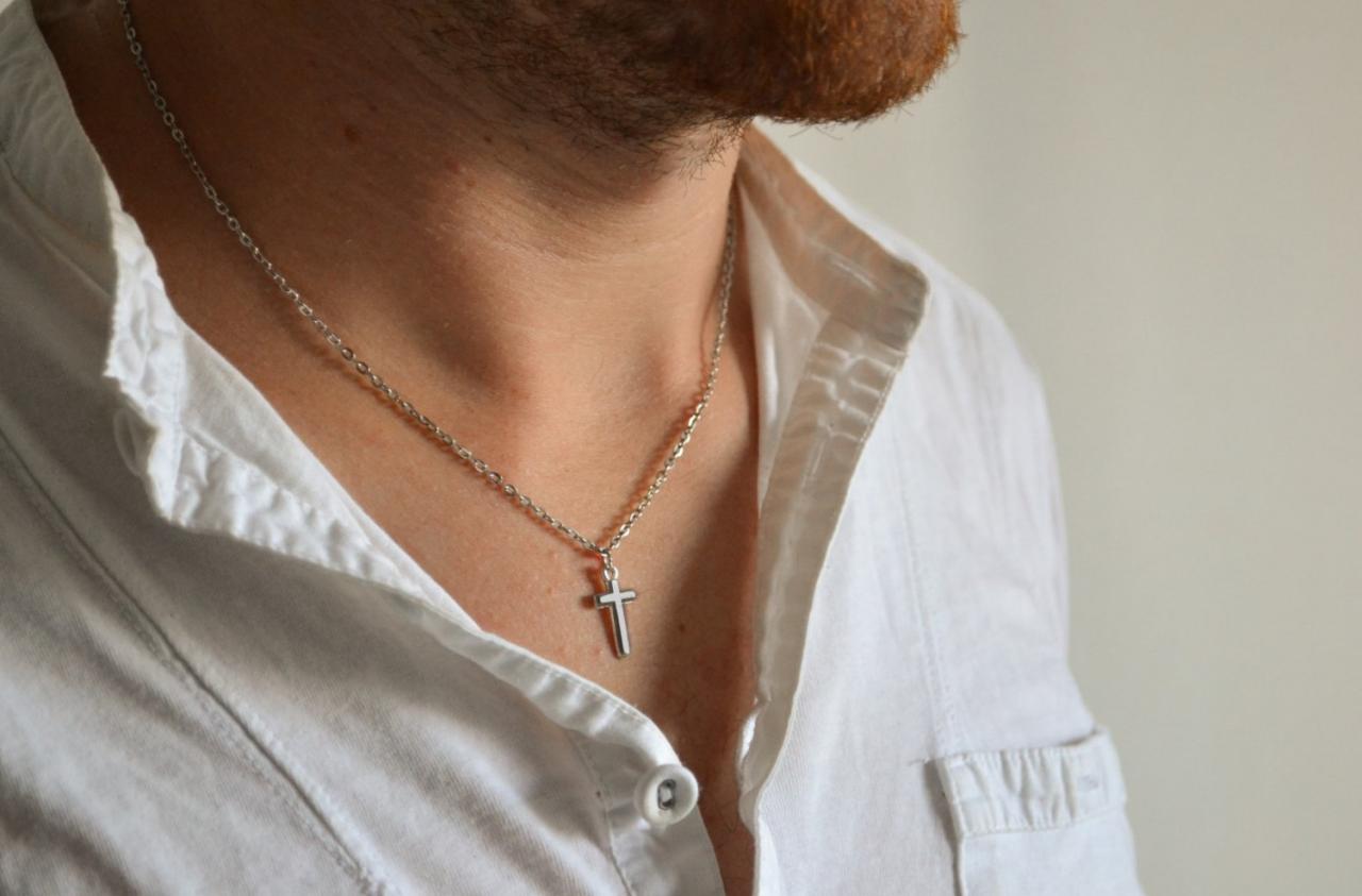 Cross necklace for men, groomsmen gift, men's necklace with a silver cross pendant, silver chain, gift for him, christian catholic necklace