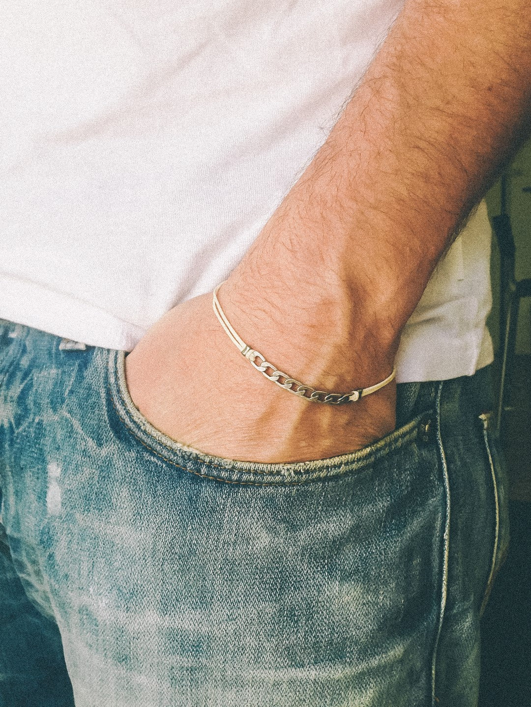 Bracelet For Men, Silver Flat Link Chain With A Beige Cord, Groomsmen Gift, Mens Bracelet For Him, Yoga Bracelet. Men's Jewelry,