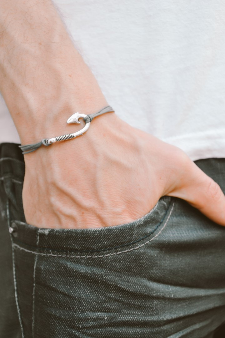 Men's bracelet, gray cord bracelet for men with silver hook charm, grey cord, bracelet for men, fish hook, gift for him, mens jewelry