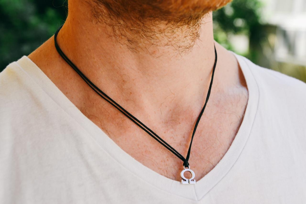 Omega necklace for men, men's omega necklace with black cord, greek letter Alphabet, Fraternity necklace, men's jewelry, science necklace