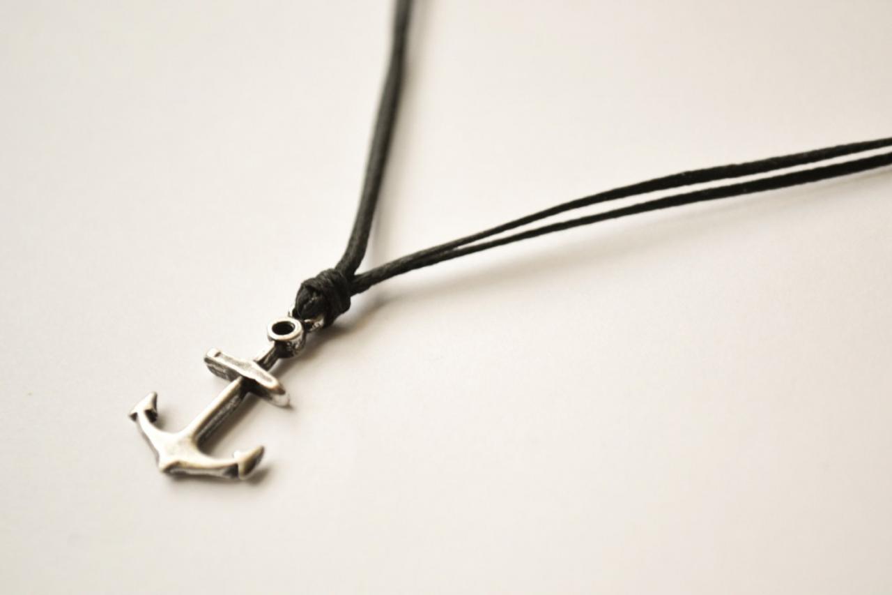 Anchor Necklace For Men, Men's Anchor Necklace With Black Cord, Silver Charm. Gift For Him, Surfer Beach Nautical Necklace, Men Jewelry