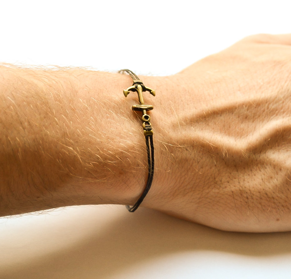 Anchor bracelet for men, men's bracelet, bronze anchor charm, black cord, gift for him, sailor bracelet, nautical jewelry, surfer bracelet