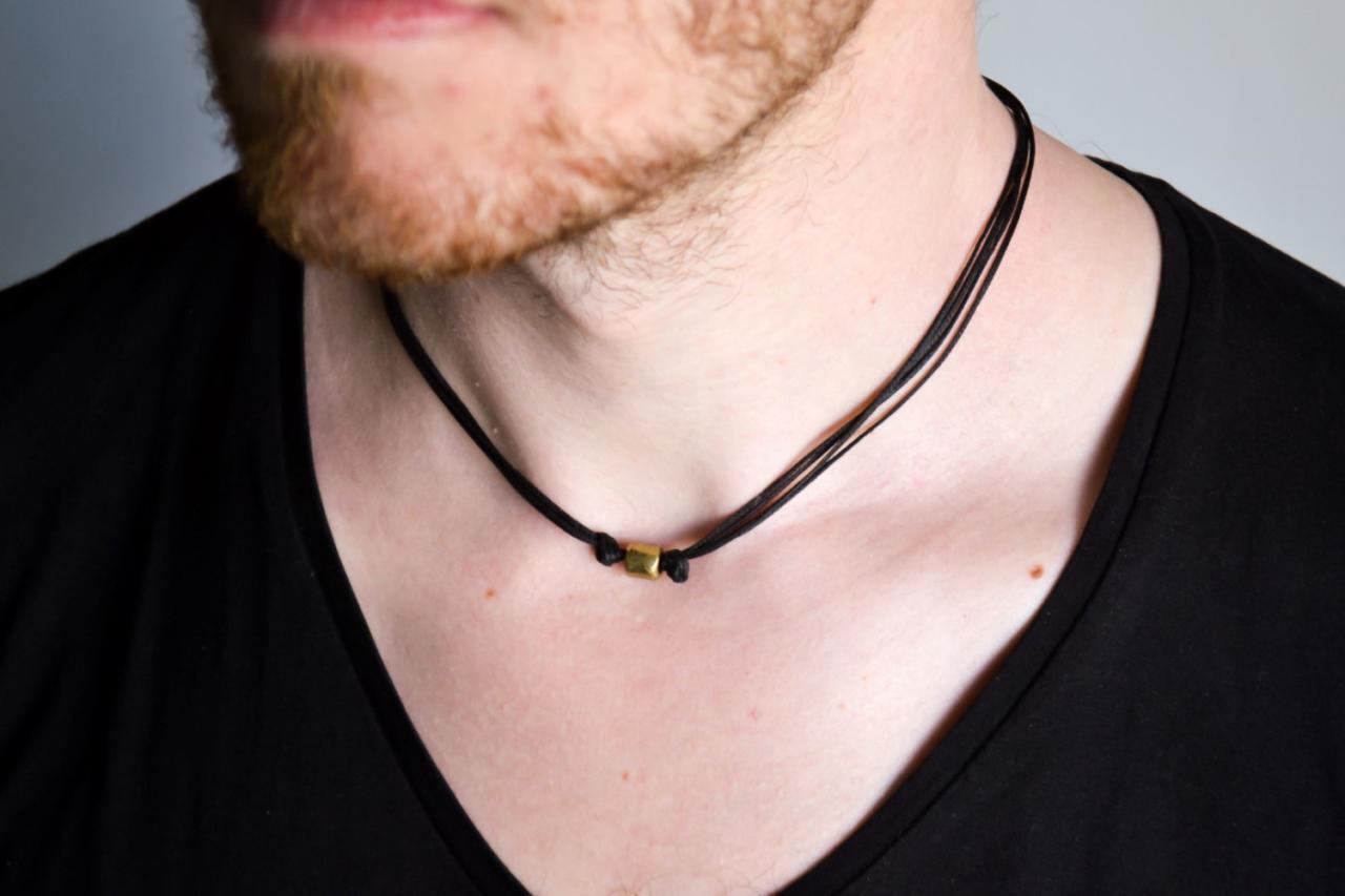 Tube Necklace For Men, Men's Necklace With Bronze Tube Bead Pendant, Black Cord, Gift For Him, Surfer Beach Necklace, Men's