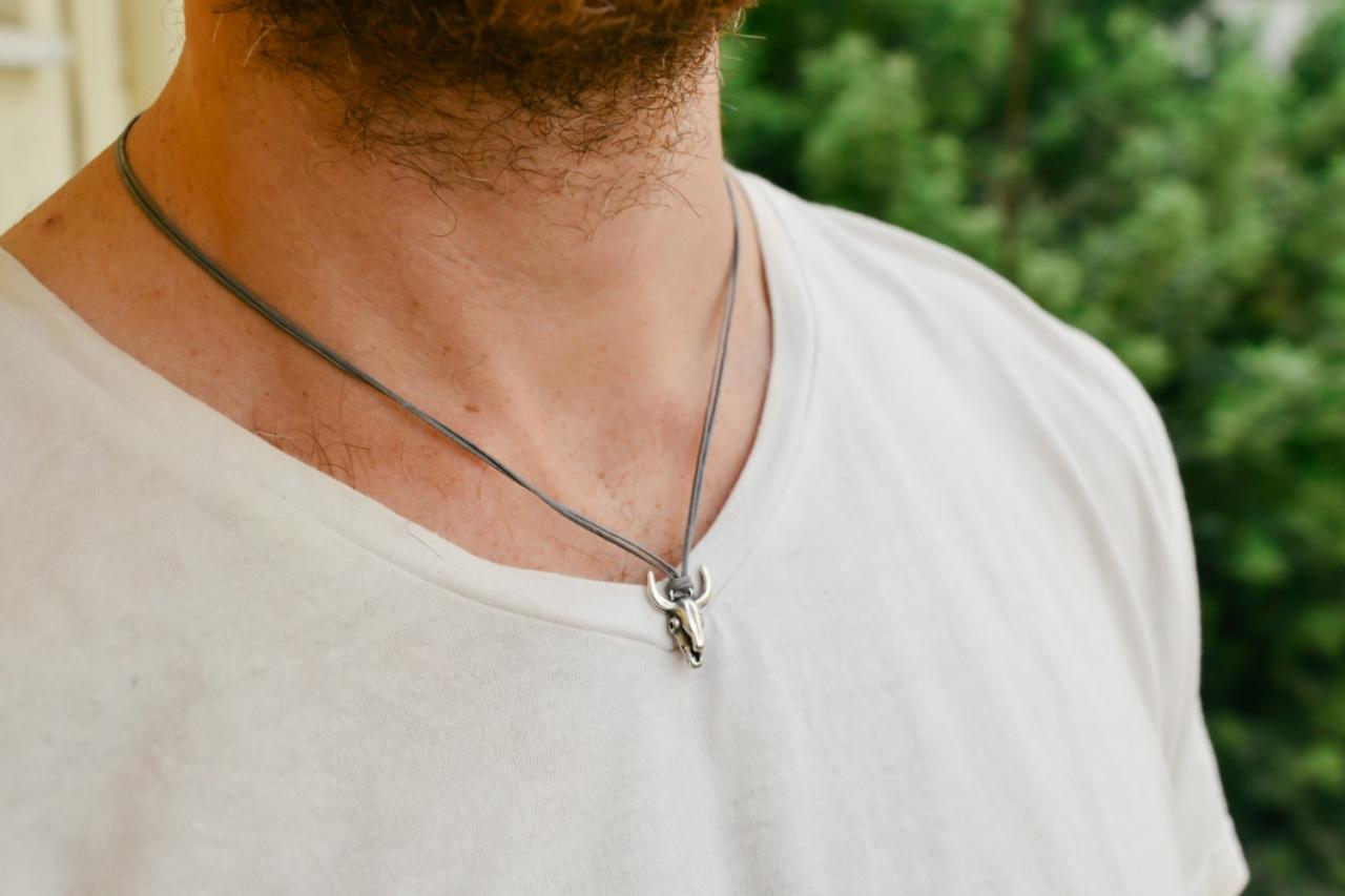 Bull's Head Necklace For Men, Men's Bull Head Necklace With Gray Cord, Silver Charm. Gift For Him, Cowboy Country Necklace, Men
