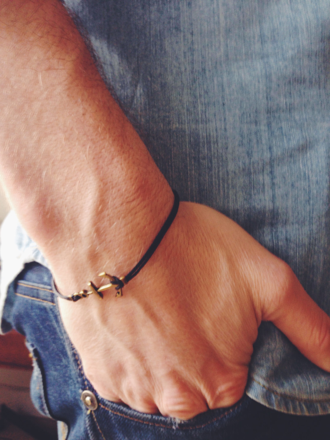 Anchor bracelet for men, men's bracelet, bronze anchor charm, black cord, gift for him, nautical bracelet, nautical jewelry, surfer bracelet