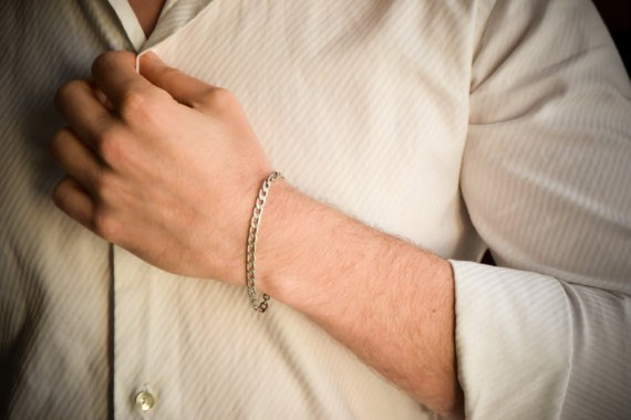 Cuban Link Bracelet, Silver Links Chain Bracelet For Men, Flat Chain, Groomsmen Gift, Mens Jewelry, Gift For Dad, Silver