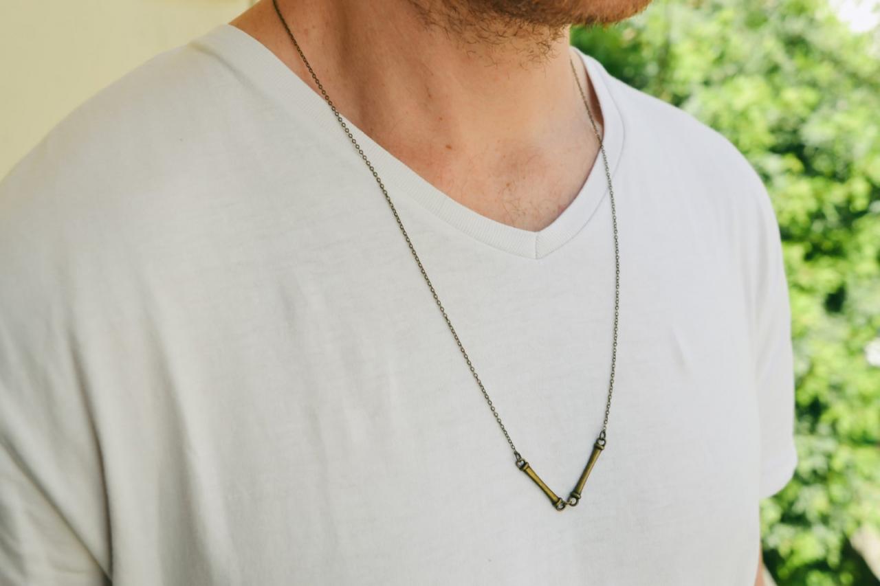 Bar Necklace For Men, Men's Bronze Chain Necklace, Gift For Him, Two Bronze Bar Pendants, Men's Jewelry, Triangle Necklace,