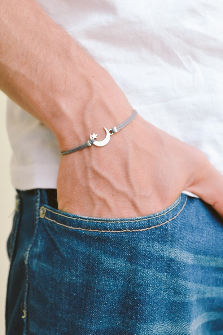 Men's Bracelet, Silver Crescent Moon Charm, Gray Cords, Bracelet For Men, Gift For Him, Moon Star Bracelet, Clasp, Mens Jewelry