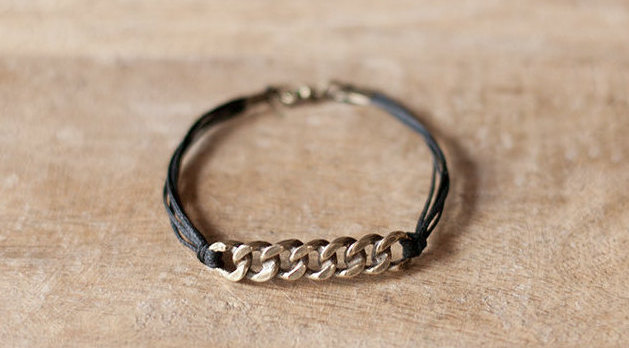 Bracelet For Men, Bronze Chunky Link Chain, Black Cord, Mens Bracelet, Gift For Him, Black Subtle Bracelet. Men's Jewelry, Gift For Him