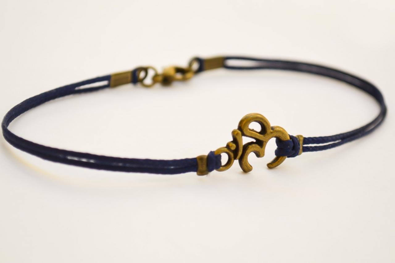 Om Bracelet For Men, Men's Bracelet With Bronze Tone Brass Om Charm, Blue Cord, Hindu Symbol, Ohm, Gift For Him, Yoga Bracelet, Buddhist