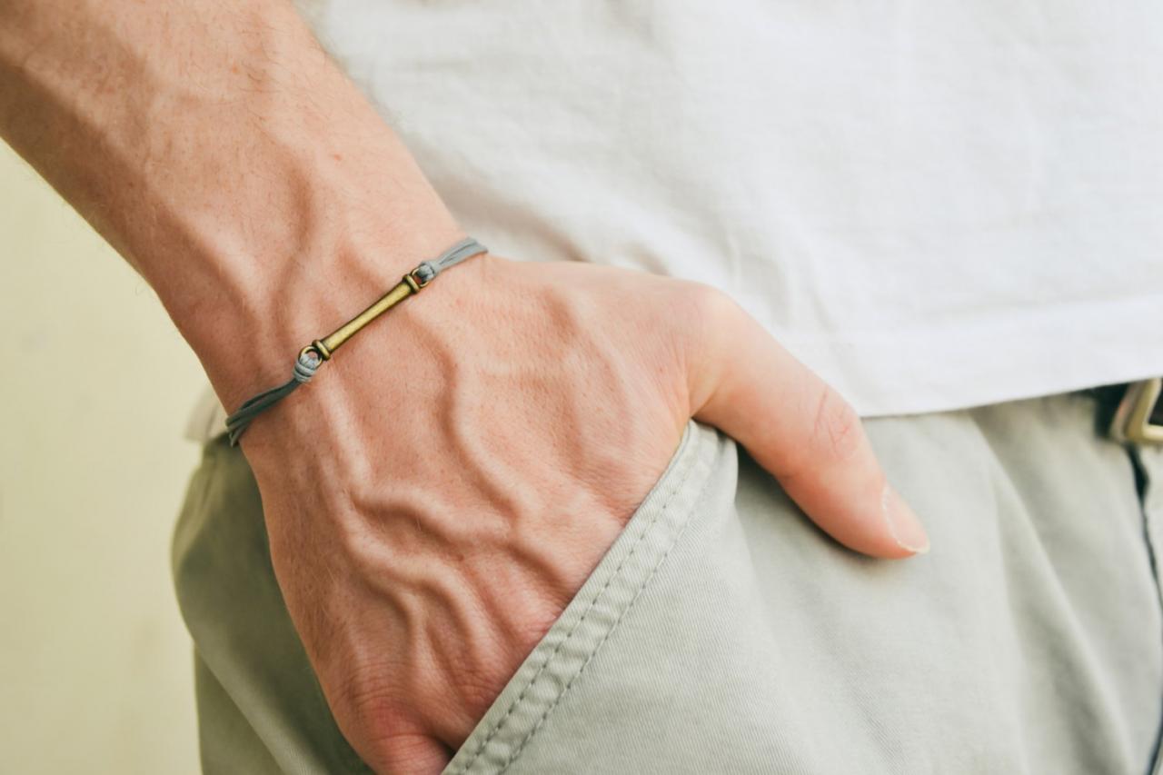 Men's bracelet, gray cord bracelet for men with long bronze bar, grey cord, bracelet for men, gift for him, mens jewelry, stack bracelet