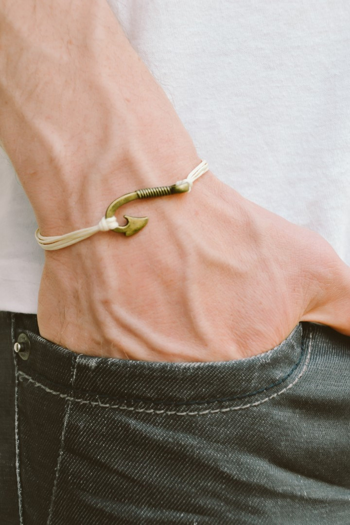 Men's Bracelet, Fish Hook Bracelet For Men, Beige Cord With Bronze Hook, Nautical, Off White Cord, Fish Hook, Gift For Him, Mens Jewelry