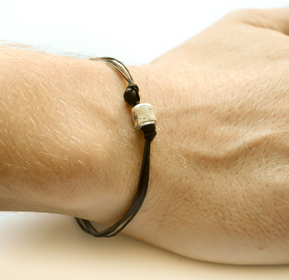 Black cord bracelet - men's bracelet with a silver plated tube charm and a black cord - bracelet for men, gift for him, stack bracelet