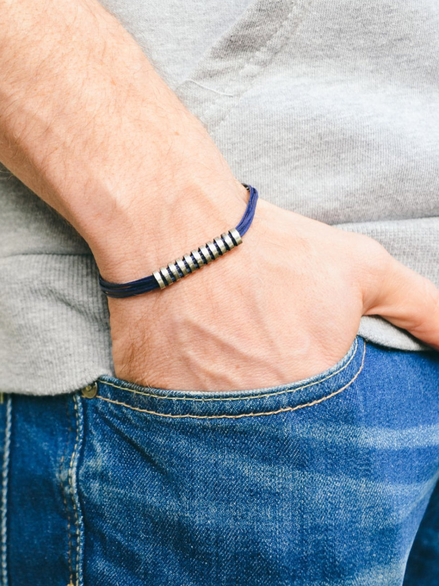 Men's bracelet, blue cord bracelet for men, long striped silver bar tube, bracelet for men, gift for boyfriend, mens jewelry, stack bracelet