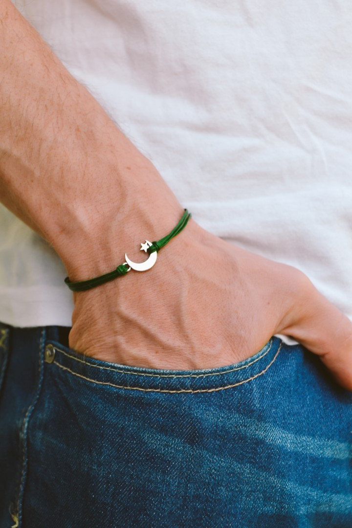 Men's Bracelet, Silver Crescent Moon Charm, Green Cords, Bracelet For Men, Gift For Him, Moon Star Bracelet, Clasp, Mens Jewelry