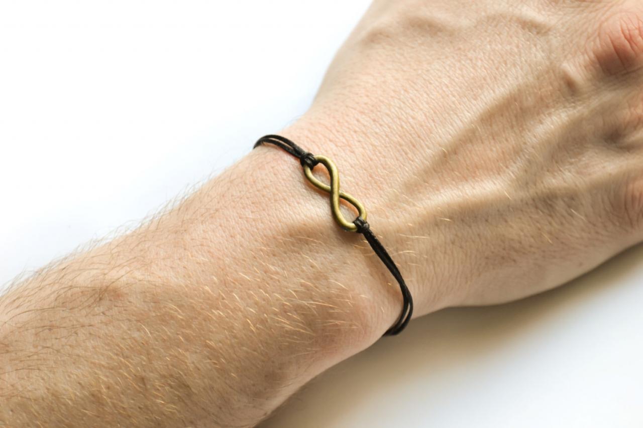 Infinity bracelet for men, black cord men's bracelet with a bronze infinity charm, groomsmen gift for him, endless, friendship bracelet