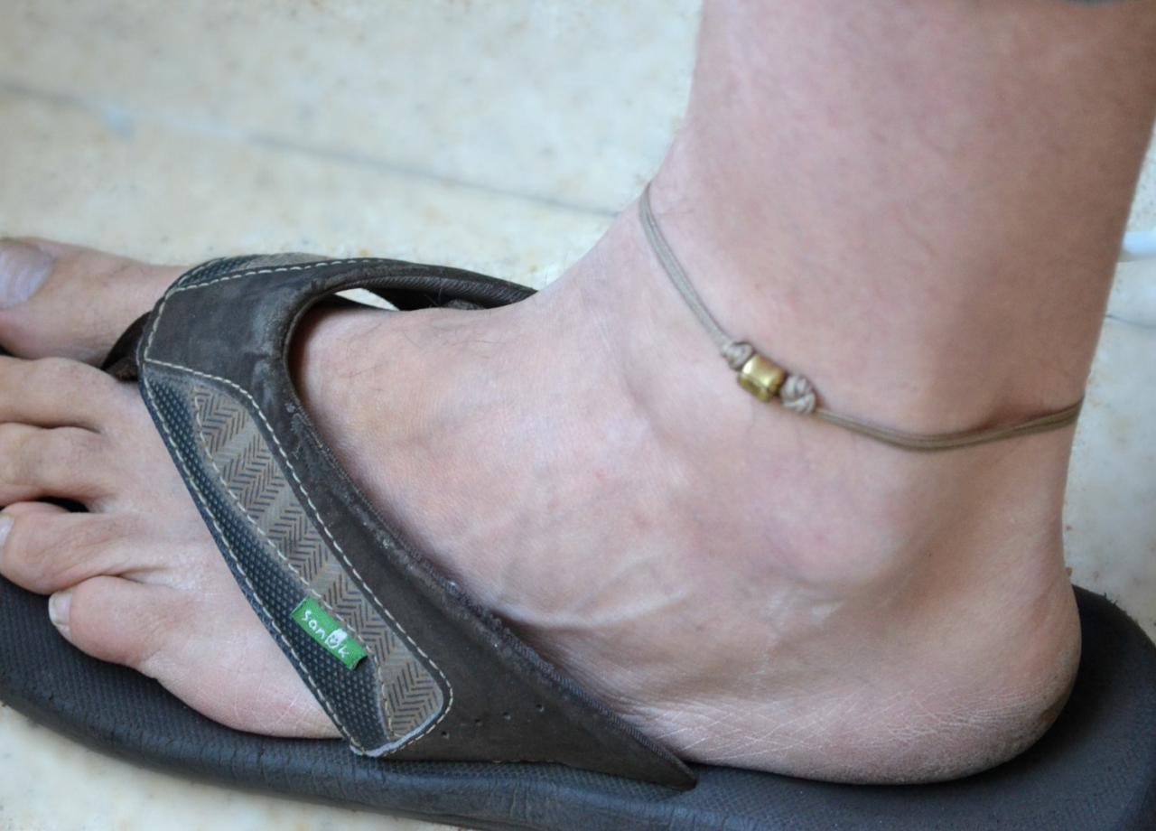 Anklet For Men - Men's Anklet With A Bronze Tube Charm And A Brown Cord - Anklet For Men, Gift For Him, Men's Ankle Bracelet