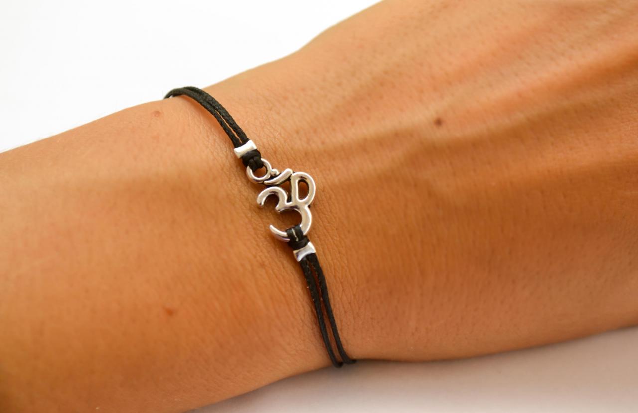 OM bracelet, women bracelet with Tibetan silver Om charm, Hindu symbol, black cord, gift for her, yoga bracelet, lucky charm, chakra jewelry