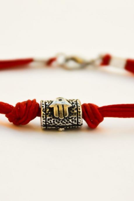 Hamsa Bracelet For Men, Men&amp;amp;#039;s Bracelet With A Silver Tube Bead Charm And A Red Cord, Against The Evil Eye, Red Bracelet For Men,