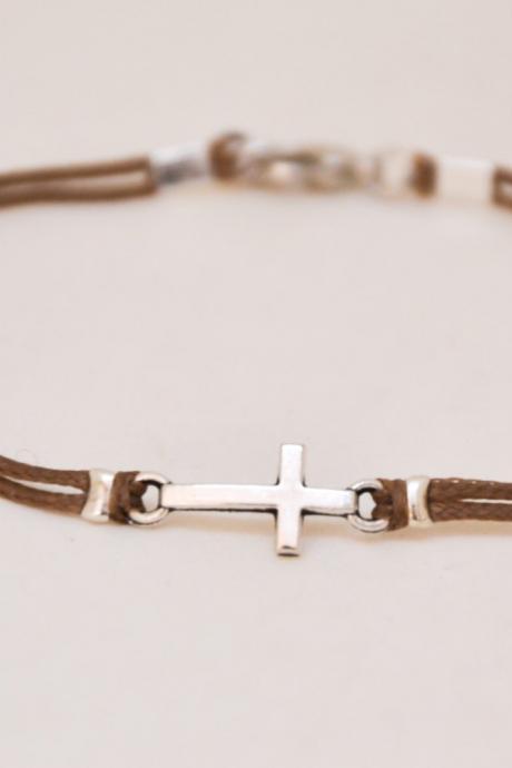 Birthday gift, Cross bracelet for men, groomsmen gift, men's bracelet with a silver cross pendant, brown cord, christian catholic jewelry
