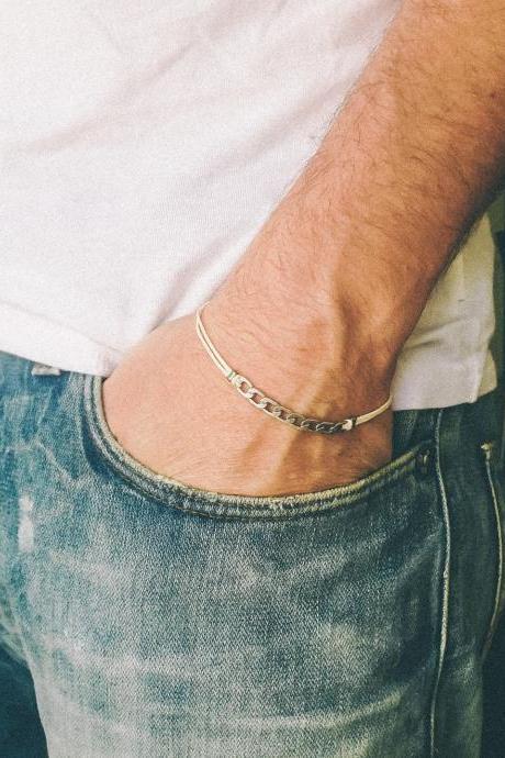 Bracelet For Men, Silver Flat Link Chain With A Beige Cord, Groomsmen Gift, Mens Bracelet For Him, Yoga Bracelet. Men&amp;amp;#039;s Jewelry,