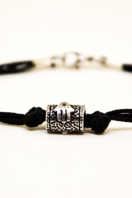 Hamsa bracelet for men, men's bracelet with a silver tube bead charm and a black cord, against evil eye, black bracelet for men, lucky charm