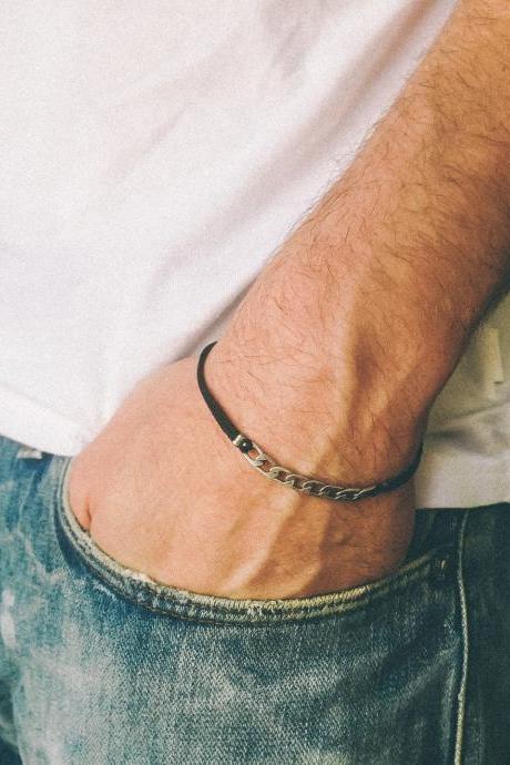 Bracelet For Men, Silver Flat Link Chain With A Black Cord, Mens Bracelet, Gift For Him, Black Yoga Bracelet. Men&amp;amp;#039;s Jewelry,