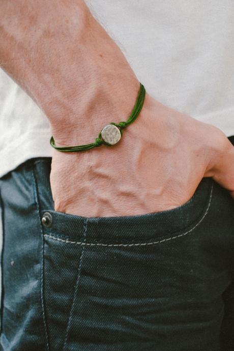 Men&amp;amp;#039;s Bracelet, Green Cord Bracelet For Men With A Silver Round Charm, Green Cord, Bracelet For Men, Gift For Him,