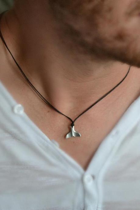 Whale tail necklace for men- men's necklace with a silver plated whale tail pendant and a black cord, gift for him, flipper charm
