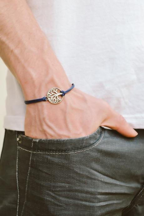 Tree of life bracelet, men's bracelet, silver tree charm, blue cord, bracelet for men, gift for him, spiritual jewellery, yoga bracelet, zen