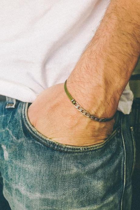 Bracelet For Men, Silver Flat Link Chain With A Green Cord, Mens Bracelet, Gift For Him, Green Yoga Bracelet. Men&amp;amp;#039;s Jewelry,