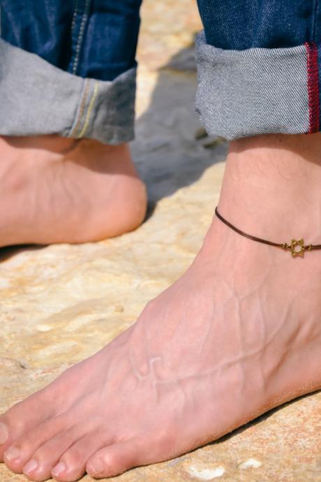 Anklet For Men, Men&amp;amp;#039;s Anklet With Bronze Star Of David, Brown Cord, Anklet For Men, Gift For Him, Ankle Bracelet, Jewish Jewelry