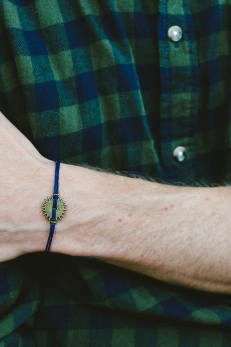 Men's bracelet, gear bracelet, blue cord bracelet for men with Cogwheel bronze charm, steampunk jewelry, cog, gift for him, mens jewelry