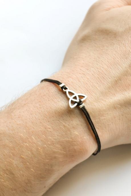 Trinity Bracelet For Men, Men&amp;amp;#039;s Triquetra Bracelet With Black Cord, Silver Charm. Celtic Knot, Gift For Him, Spiritual Jewelry,