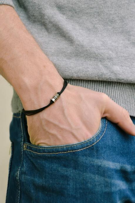 Men&amp;amp;#039;s Bracelet With A Silver Tube Charm And A Black Cord, Bracelet For Men, Gift For Him, Gift For Boyfriend, Mens Jewelry, For