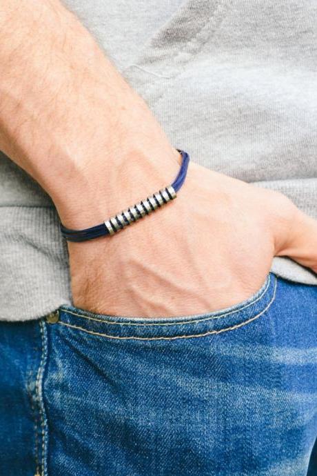Men's bracelet, blue cord bracelet for men, long striped silver bar tube, bracelet for men, gift for boyfriend, mens jewelry, stack bracelet