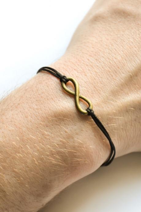 Infinity bracelet for men, black cord men's bracelet with a bronze infinity charm, groomsmen gift for him, endless, friendship bracelet