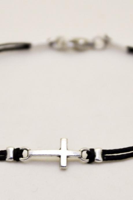 Graduation gift, Cross bracelet for men, men's bracelet with a silver cross pendant, black cord, gift for him, christian catholic jewelry