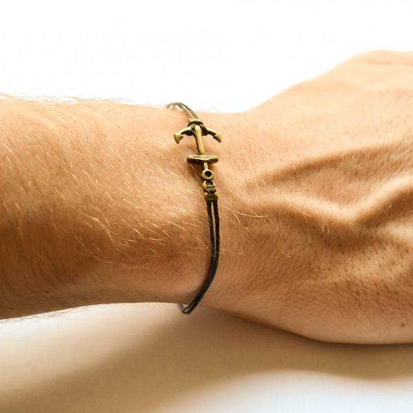 Anchor bracelet for men, men's bracelet, bronze anchor charm, black cord, gift for him, sailor bracelet, nautical jewelry, surfer bracelet