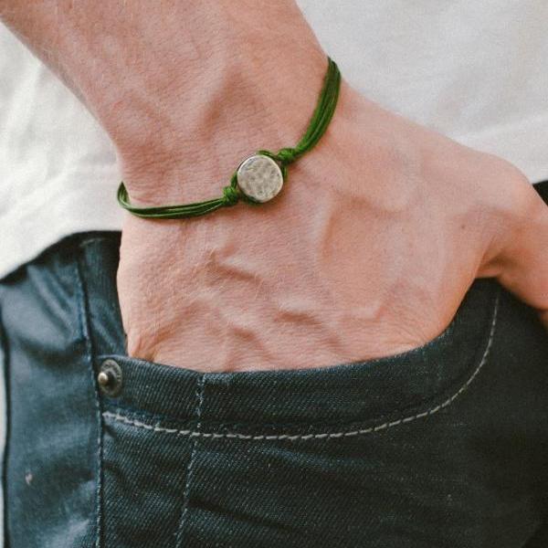 Men's Bracelet, Green Cord Bracelet For Men With A Silver Round Charm, Green Cord, Bracelet For