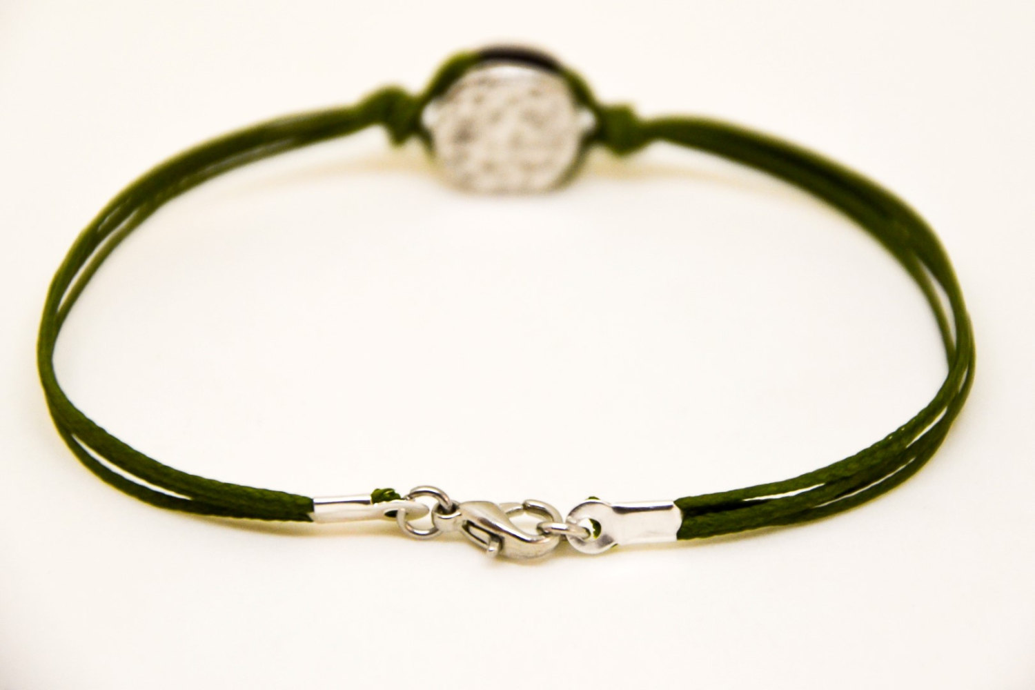Men's Bracelet, Green Cord Bracelet For Men With A Silver Round Charm, Green Cord, Bracelet For